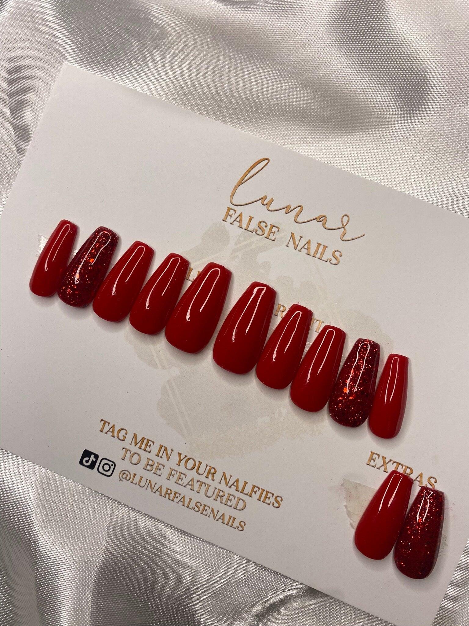 Ruby Red Glitter Accent False Nails - Lunar False Nails