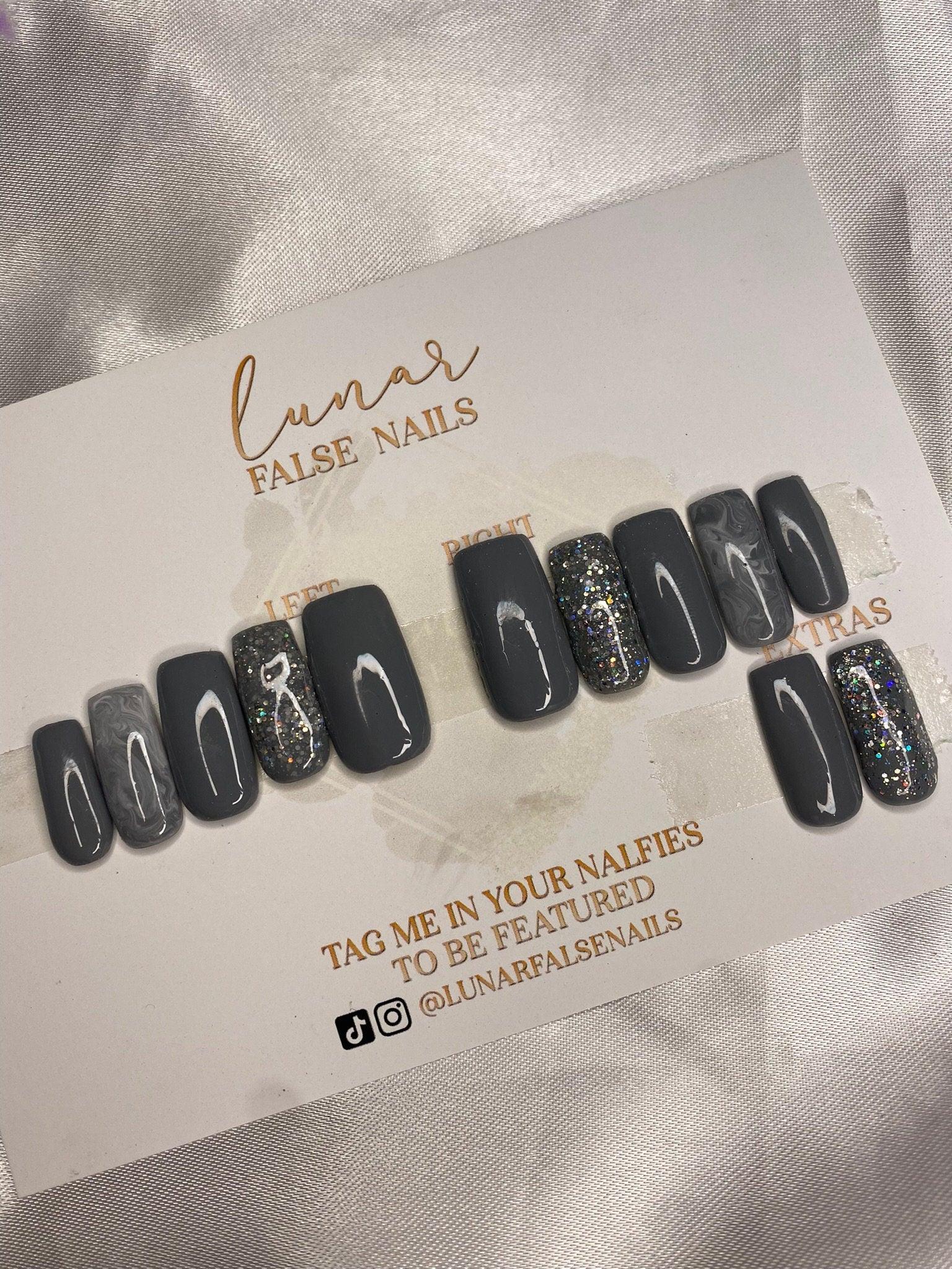 Grey Glitter Marble False Nails - Lunar False Nails