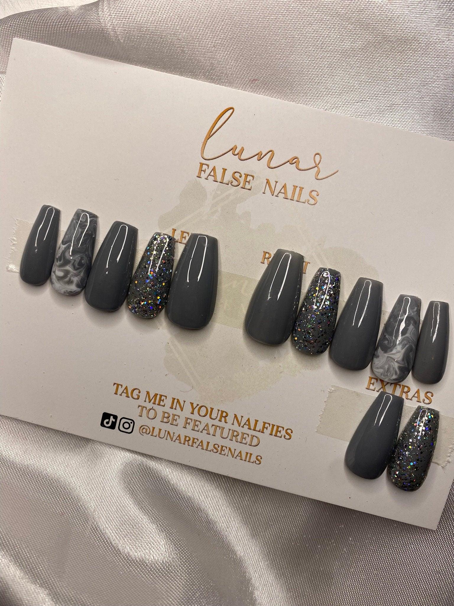 Grey Glitter Marble False Nails - Lunar False Nails