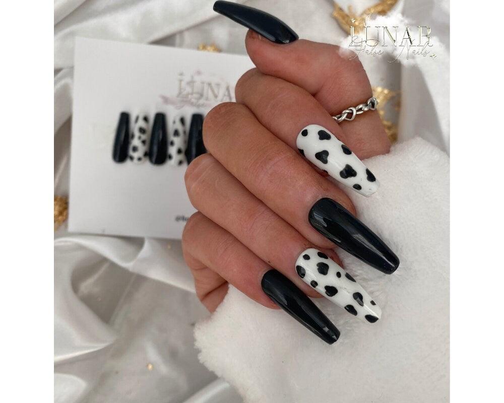 Amazon.com: MqpQ Black Cow Print Press On Nails Medium Coffin Fake Nails  Art Pattern Design 24pc Glossy Full Cover False Nails For Women :  Industrial & Scientific